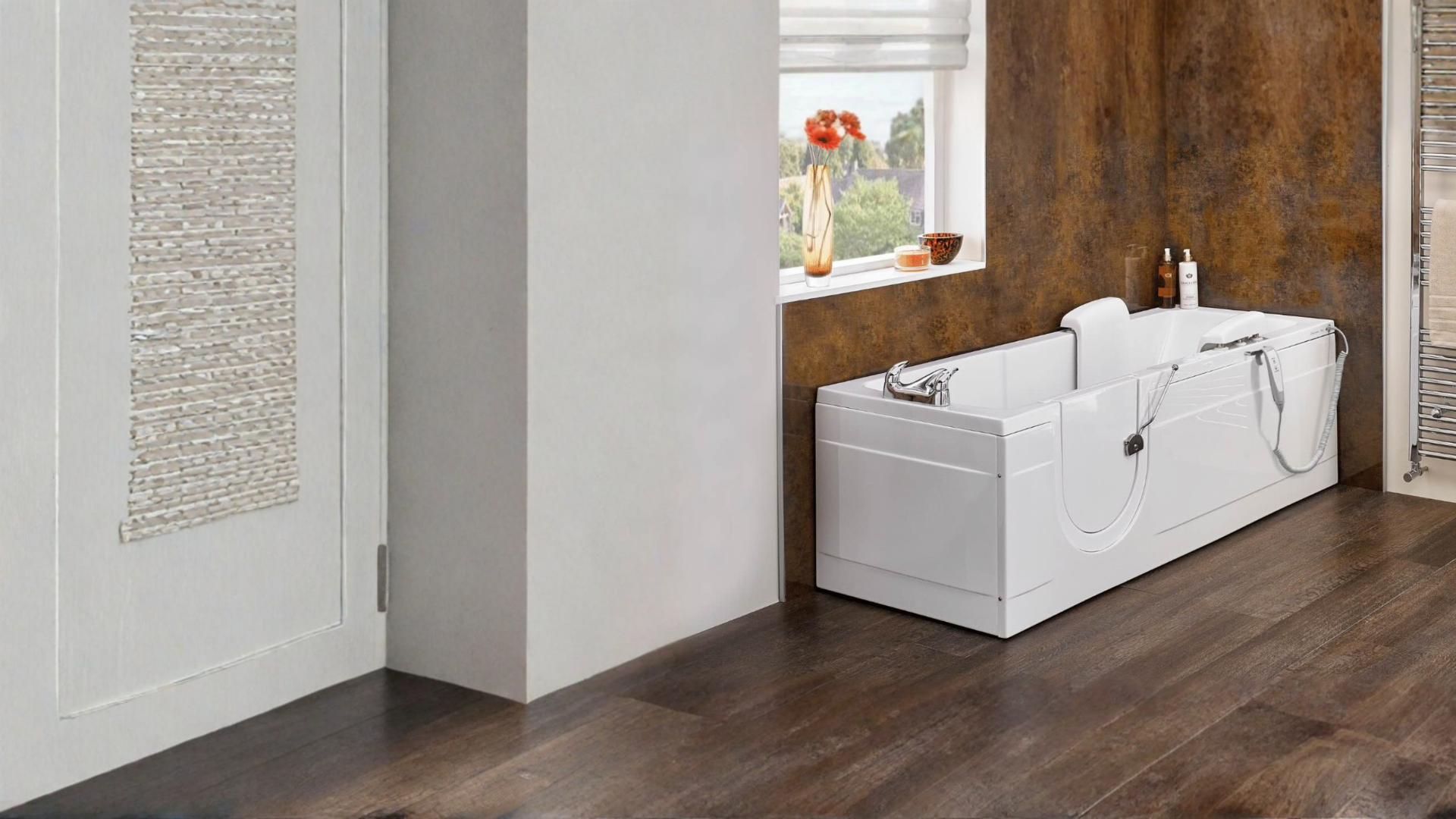 Montana walk-in bath in a bright bathroom. Supplied and installed by Age Care Bathrooms