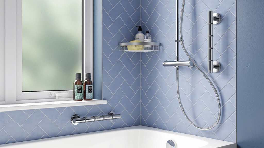 "Grab n grip" support rails fixed in a bath and shower area. Supplied by Age Care Bathrooms.