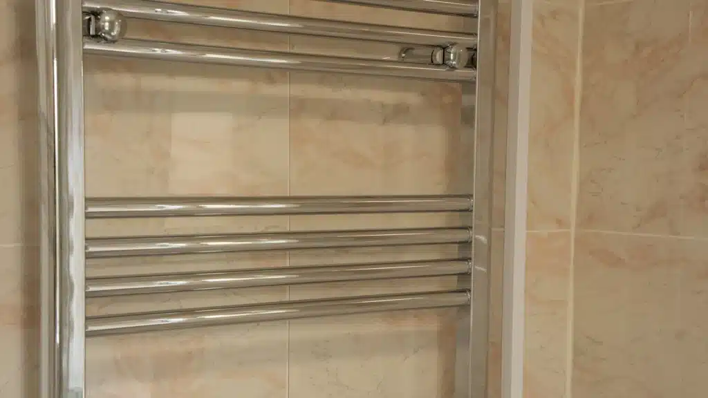 Close-up of Paul's heated towel rail installed by Age Care Bathrooms.