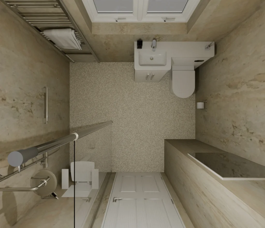 Overhead 3D plan of Tom's wet room with walk-in shower, fold-down seat, vanity and toilet