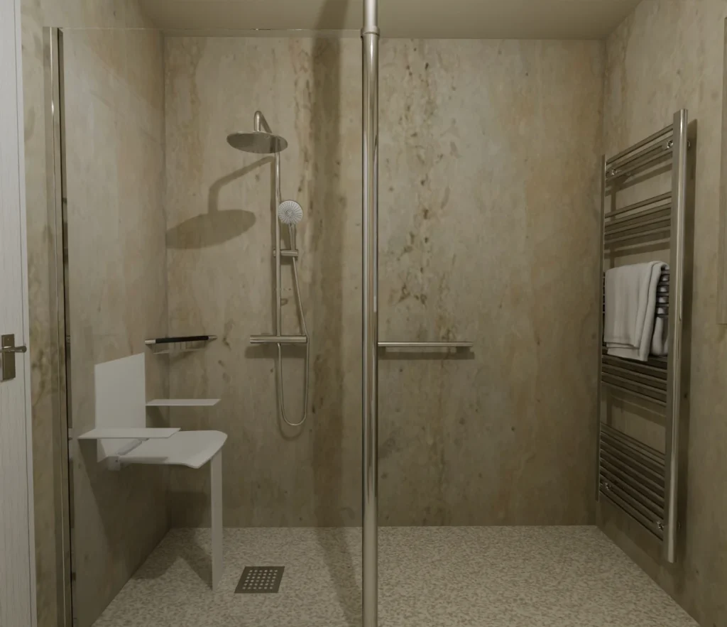 3D view of Tom's walk-in shower with a fold-down seat, grab rails and heated towel rail