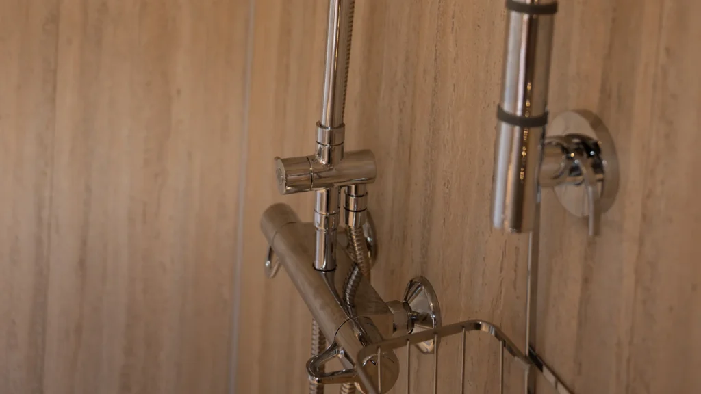 Close-up of Tom's new thermostatic shower controls and chrome easy grip support rail