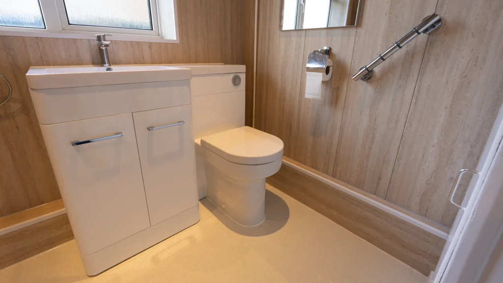 Close-up of Tom's new toilet and basin with a grab 'n' grip chrome support rail.