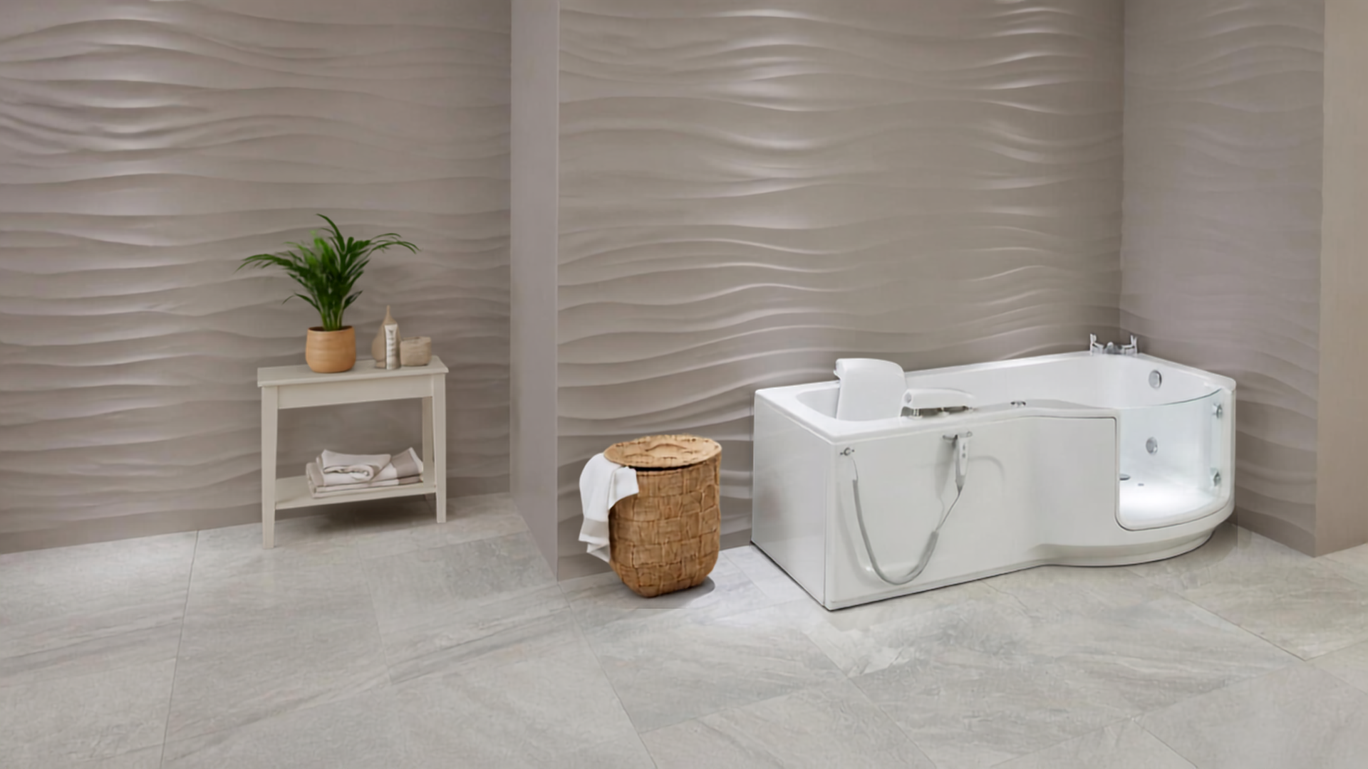 The Louisiana walk-in bath in a bright bathroom. Supplied and installed by Age Care Bathrooms.