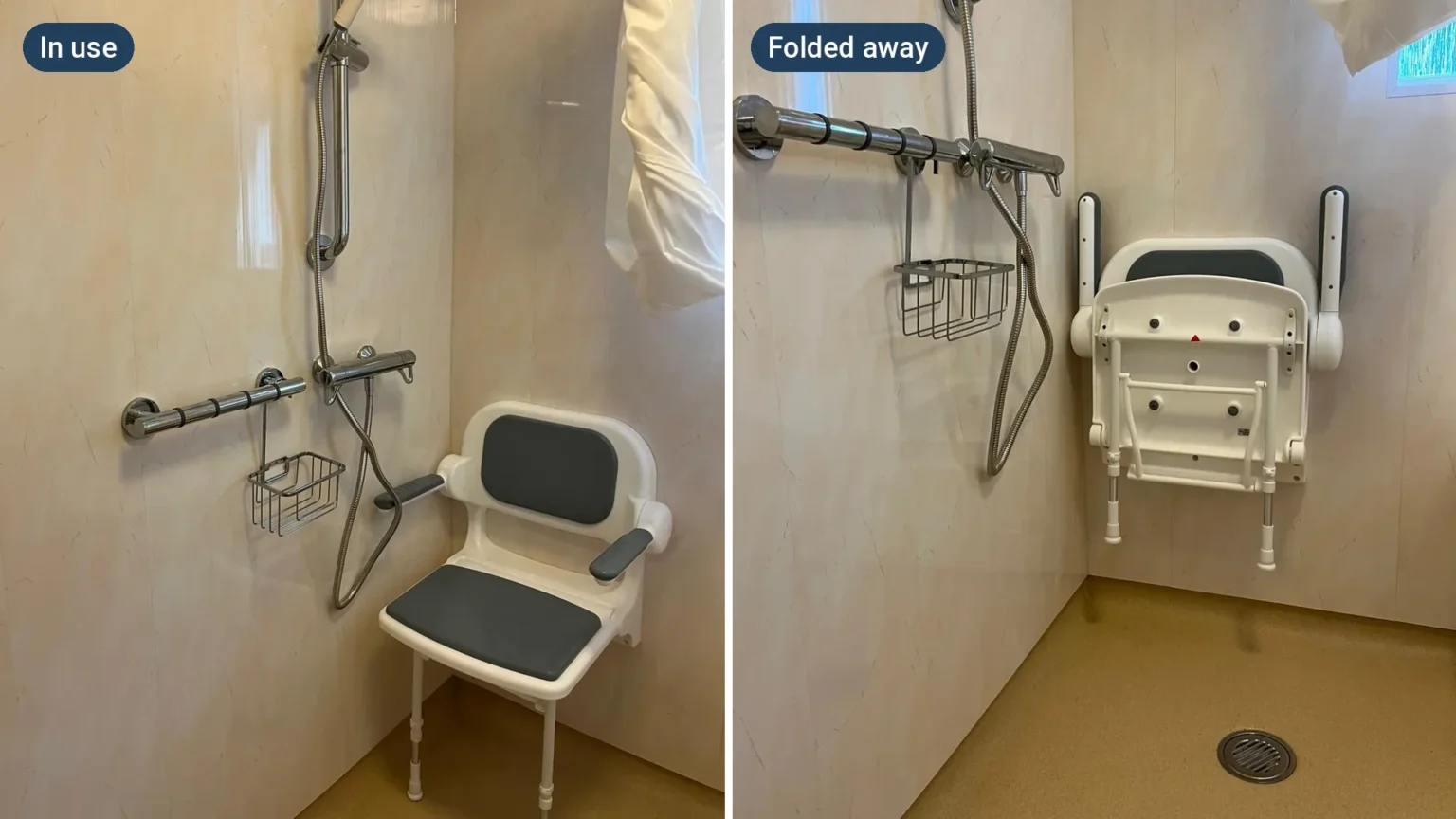 A padded fold-down shower seat in use beside a riser rail, and the same seat folded flat against the wall, leaving the level floor and drain clear.