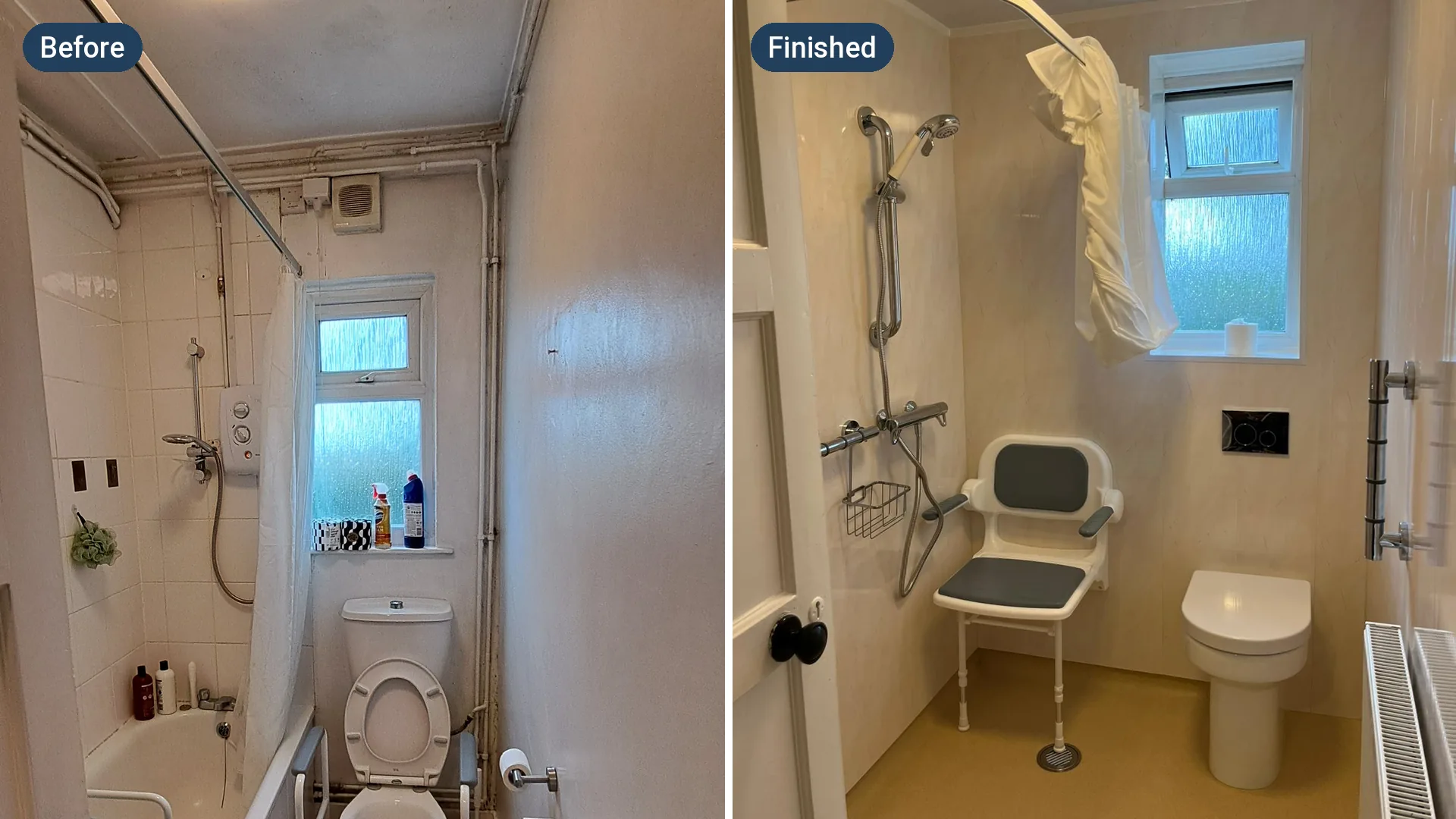 A narrow bathroom with a bath, over-bath shower and toilet frame, and the same room as a wet room with a fold-down seat