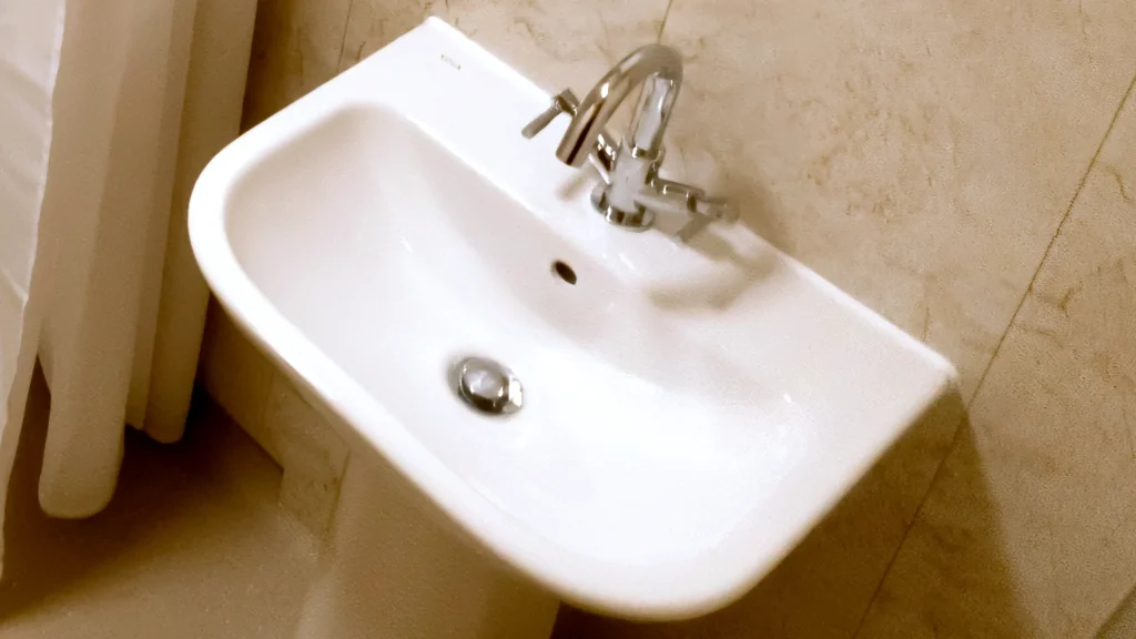 Pedestal basin and mixer tap beside the shower curtain in Malcom's new bathroom