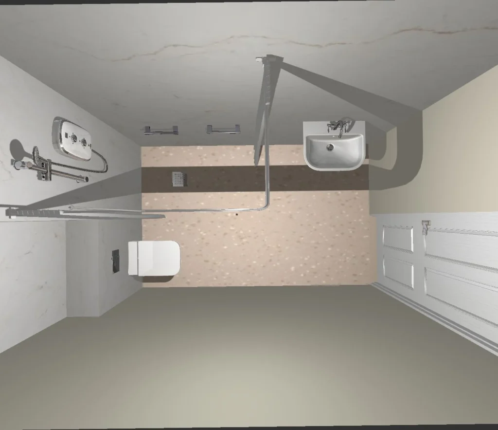 Overhead 3D plan of Malcom's bathroom with a level-access shower, toilet and basin