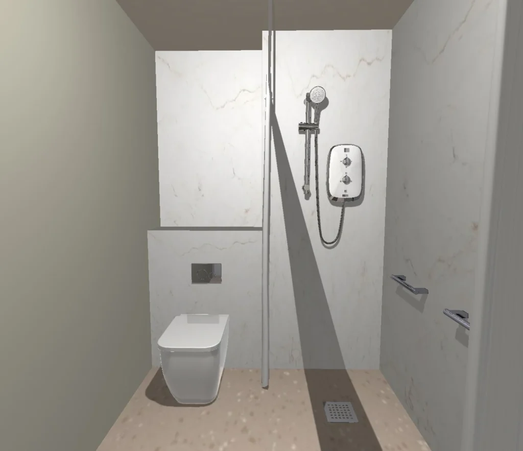 3D view of Malcom's planned level-access shower beside the back-to-wall toilet