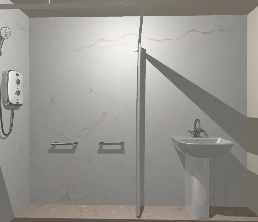3D view of Malcom's planned shower area with grab rails and a pedestal basin