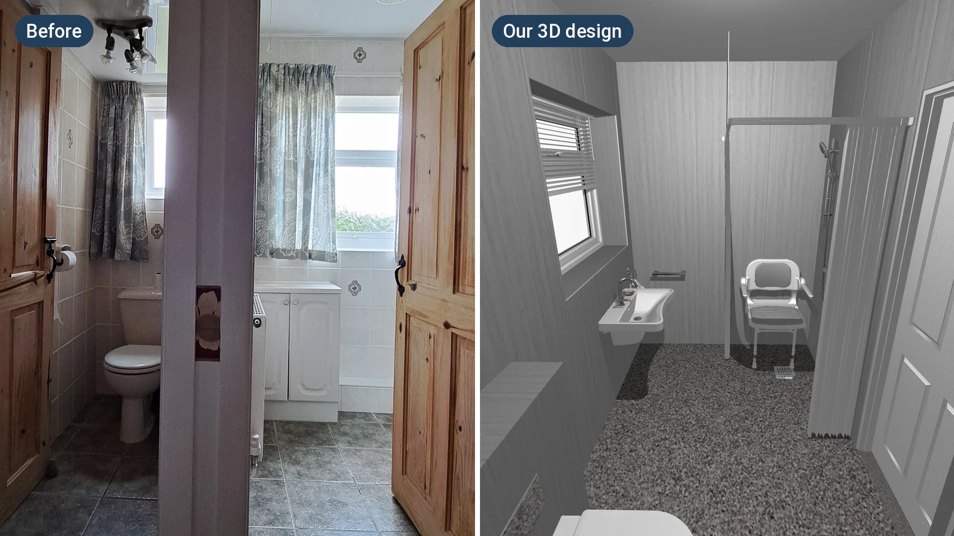 Before: a separate toilet and bathroom seen through two doorways. After: a 3D design of one wet room with a fold-down seat
