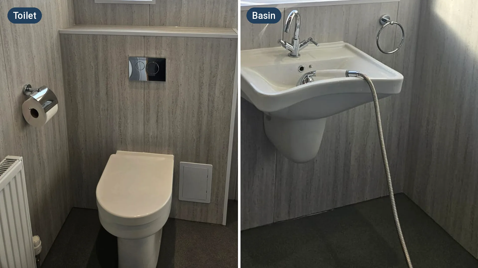 A toilet with a boxed-in cistern, and a basin, both on the level safety floor of a wet room