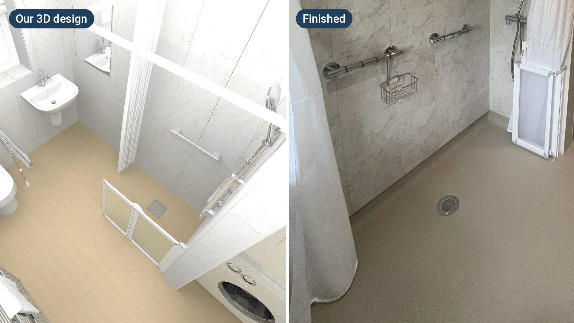 Our 3D design of a wet room with half-height doors, next to the finished shower area with grab rails and central floor drain
