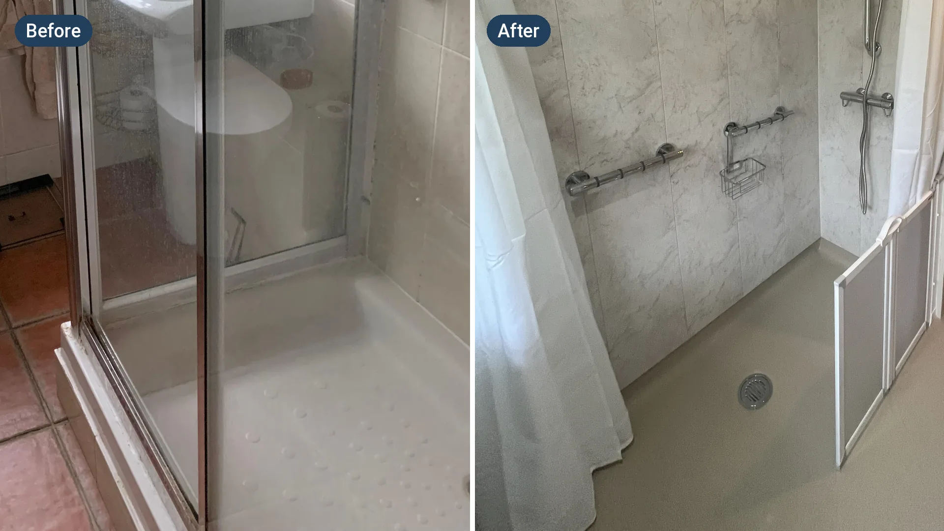 A before and after: a shower enclosure on a raised tray, and the same room as a wet room with a level floor.